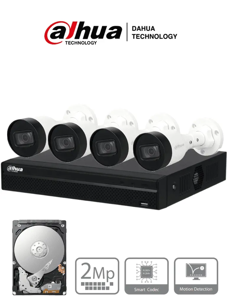 Kit IP de 4 canales con NVR con 4 puertos PoE, 1TB de almacenamiento, y 4 cámaras bullet de 2MP